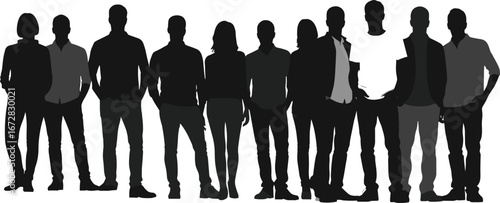 Silhouettes of men and women standing in casual poses, representing diversity, teamwork, unity, modern lifestyle, fashion, and social interaction.