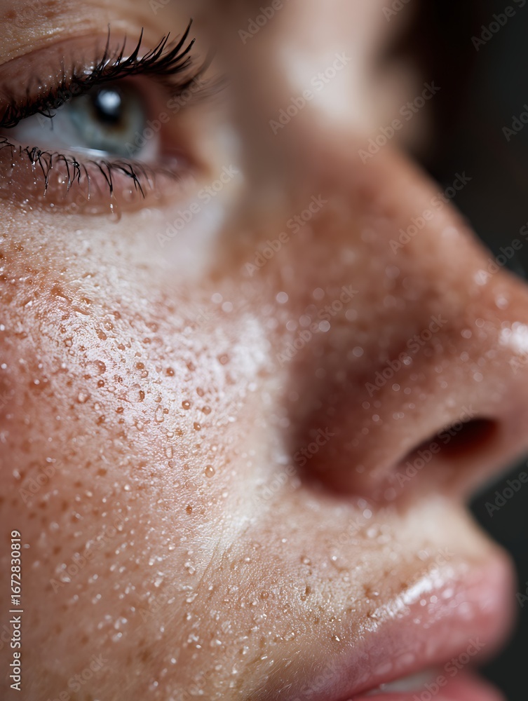Fototapeta premium Small water drops stick to the bridge of the nose, making the skin look naturally moist.