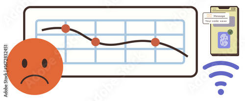 Downward trend graph with sad face, smartphone displaying code for verification, and weak wireless signal. Ideal for technology, connectivity, communication, data, frustration, problem-solving