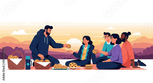 Friends Enjoying Outdoors Picnic With Cookies At Sunset Or Sunrise Scenery