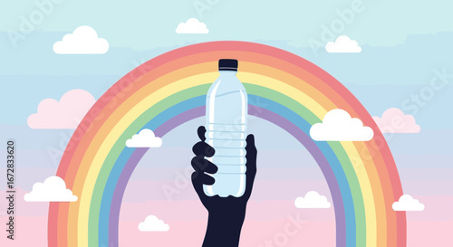 Hand Holding a Water Bottle with a Vibrant Rainbow Background and Fluffy Clouds.