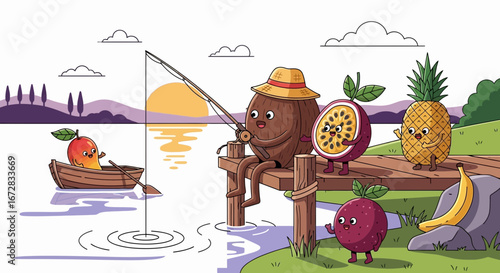 Fruit Friends Go Fishing, Enjoying Picturesque Scenery And Sunshine During Their Outing