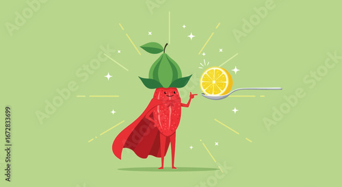 Fruit Superhero Displaying a Bright Lemon on a Spoon, Against a Green Background
