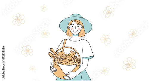 Happy Baker Girl with a Basket of Fresh Bread and Pastry, Cute and Attractive