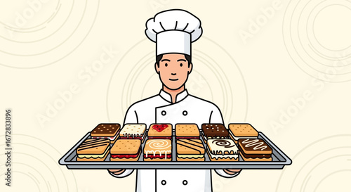 Happy Baker Holding Tray Full Of Delicious Pastries And Sweet Desserts