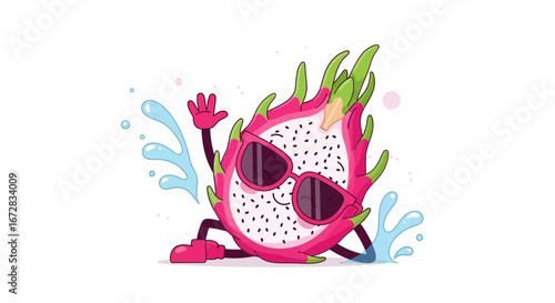 Fun Dragon Fruit Character Enjoying Summer Vacation Wearing Sunglasses and Waving