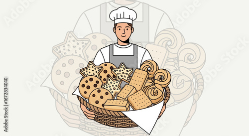 Happy Baker Presents A Basket Of Freshly Baked Assorted Cookies And Biscuits