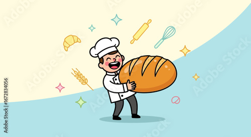 Happy Baker Presenting Freshly Baked Loaf Of Bread Smiling At The Viewer With Joyful Energy
