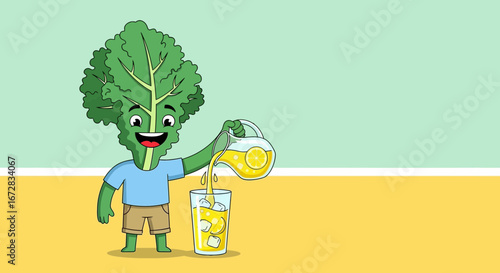 Fun Leafy Character Preparing Fresh Lemonade For Refreshment on a Vibrant Sunny Day