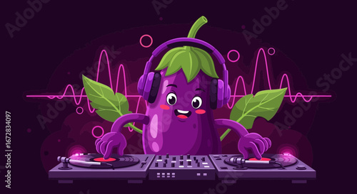 Funky Animated Eggplant DJ Mixing Music With Colorful Neon Sound Wave Backdrop