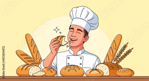 Happy Chef Enjoying Freshly Baked Artisan Bread from the Oven, A Delightful Scene