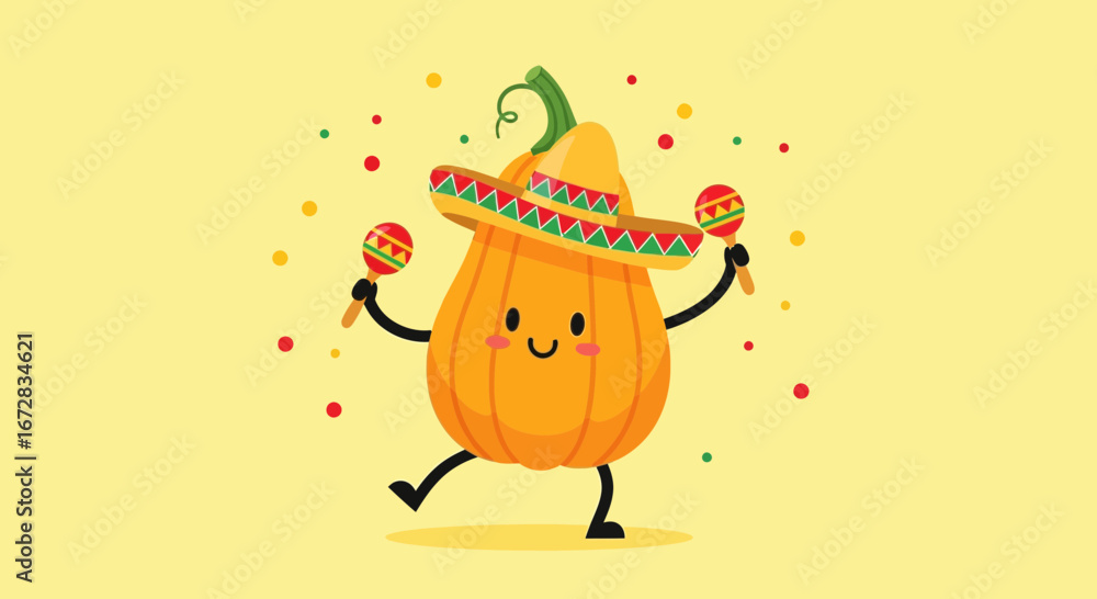 Naklejka premium Funny Pumpkin Character Wearing Sombrero And Shaking Maracas Illustration