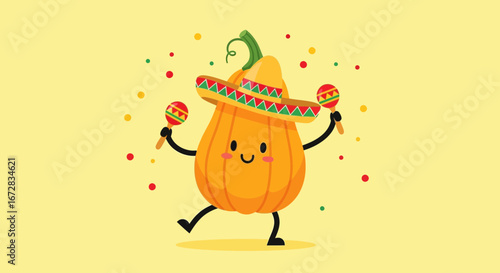 Funny Pumpkin Character Wearing Sombrero And Shaking Maracas Illustration