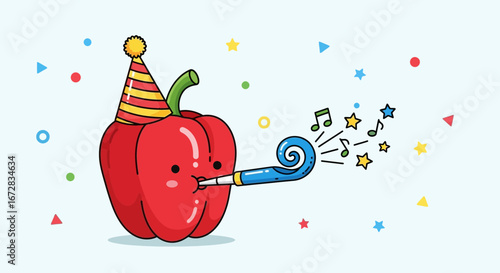 Funny Red Bell Pepper Celebrating With a Party Hat and Musical Notes Celebration