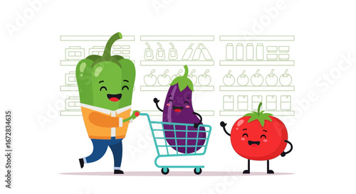 Funny Vegetable Characters Enjoying Shopping Together And Smiling Inside A Supermarket