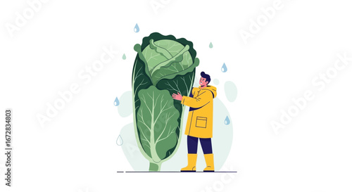 Gardener Admiring Immense Cabbage, Rainy Day, Botanical Illustration With Vibrant Colors