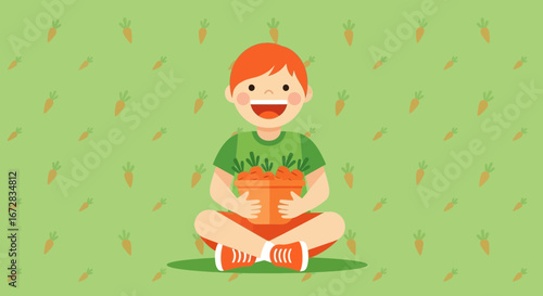 Happy Child Holding a Pot of Carrots in a Carrot Patterned Green Background Illustration