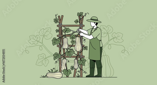 Gardener Attending to His Squash Plants on a Wooden Trellis with a Rustic Feel Scene