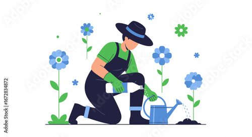 Gardener Carefully Watering Flowers, Depicting Springtime Activities and Horticultural Care