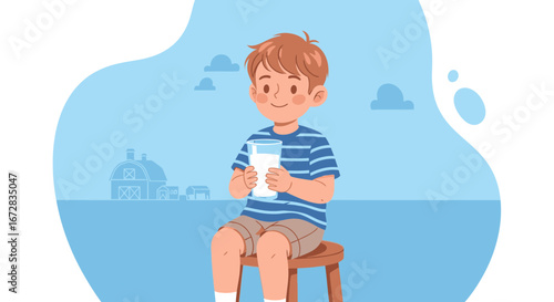 Happy Child Sits And Holds Full Glass Milk Near The Farm And Enjoys Fresh Drink