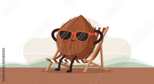 Happy Coconut Character Relaxing In A Deck Chair Under The Sun On A Summer Day