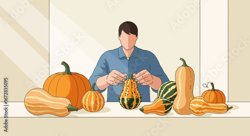 Gardener Harvesting Gourds And Pumpkins, Arranging A Seasonal Autumnal Display