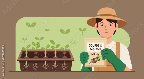 Gardener Holding Seeds Pack With Seedlings Growing In A Container