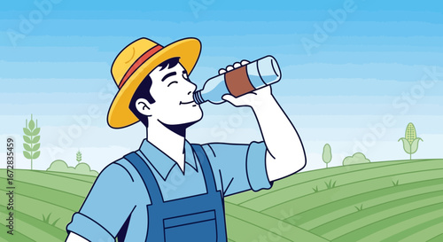Happy Farmer Drinking Water in Field, Enjoying Sun and Refreshment During Work