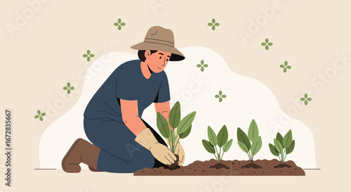 Gardener Planting Seedlings with Sunshine Hat Amidst Blossoms and Fertile Soil