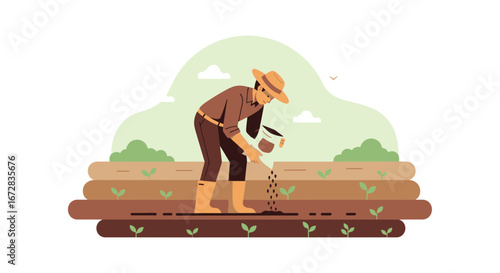 Gardener Planting Seeds In The Field With Hat And Boots Agriculture Illustration