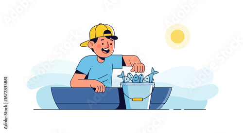 Happy Fisherman With A Yield Of Fish In The Boat, Sunny Day, Outdoor Recreation