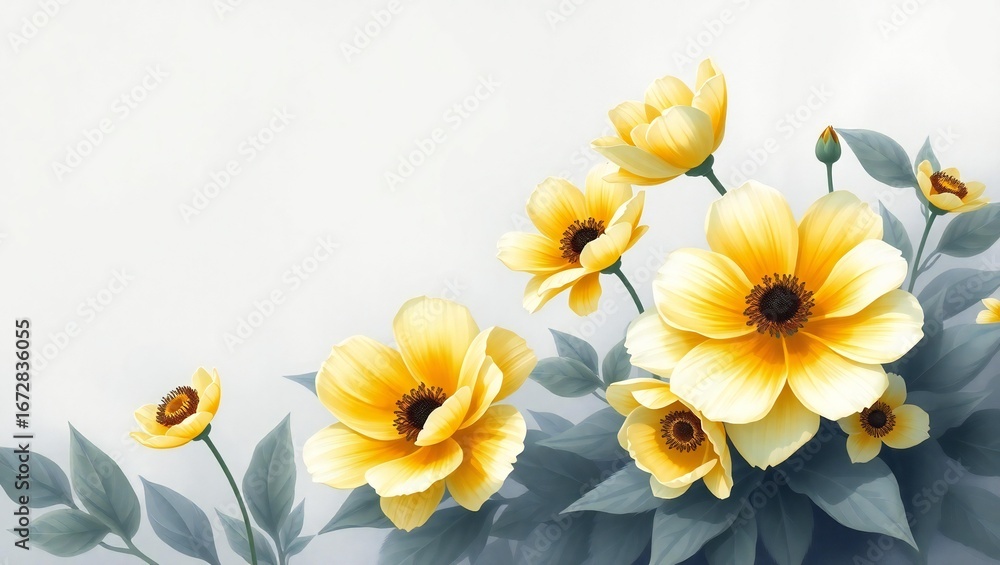 Obraz premium Delicate yellow poppies with soft gray leaves on a light background
