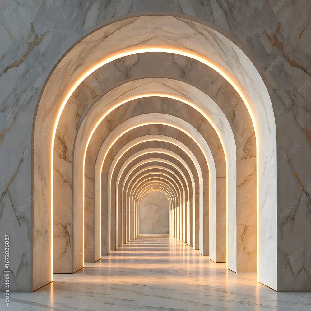Naklejka premium Gradient marble arch tunnels. Abstract glowing marble-textured arch tunnels with gradient surfaces and soft light edges.