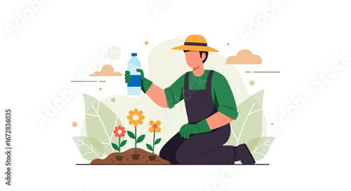 Gardening Illustration: A Gardener Watering Blossoms in a Botanical Garden Setting