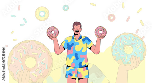 Happy Individual Laughing While Holding Donuts, Colorful Illustration, Delicious Food Concept