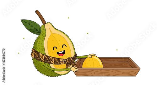 Happy Jackfruit Character Presenting a Slice of Deliciousness and Joyful Cartoon