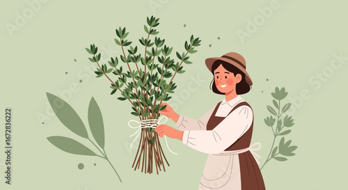 Gentle Woman Carefully Bundles Freshly Harvested Herbs for Culinary Use and Enjoyment
