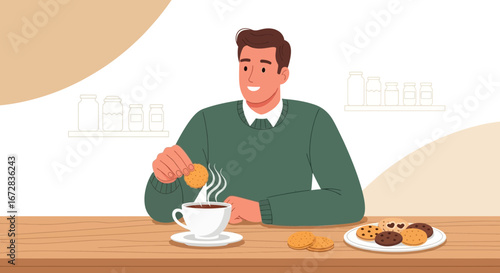 Happy Man Dipping Cookie Into Hot Beverage Enjoying Tasty Treat Break