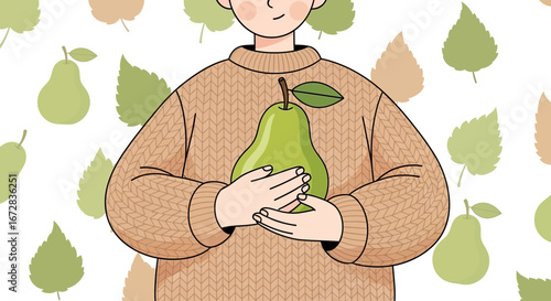 Gentle Youngster Embracing Juicy Pear, Illustration of Autumnal Delight and Joy