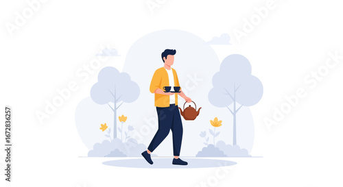 Gentleman Carries Tea Service Through a Serene Garden Offering Refreshment and Calmness