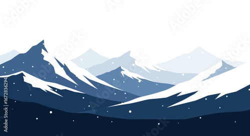 Geometric Blue Mountains Landscape With Snowy Peaks on White Background