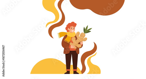 Ginger Harvest: A Warmly Dressed Person Displaying Freshly Harvested Rhizome