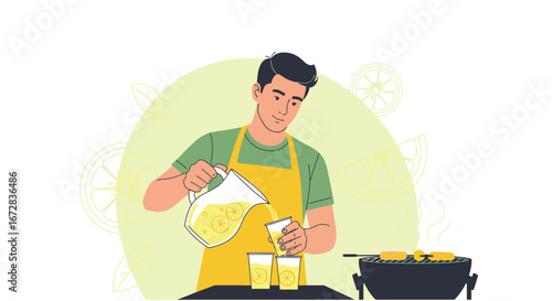 Happy Man Preparing Lemonade At A Backyard Barbecue And Serving Drinks To Guests