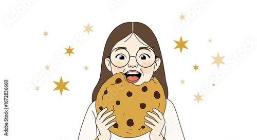 Girl Biting A Giant Cookie Against A Background Of Stars Enjoying A Sweet Treat