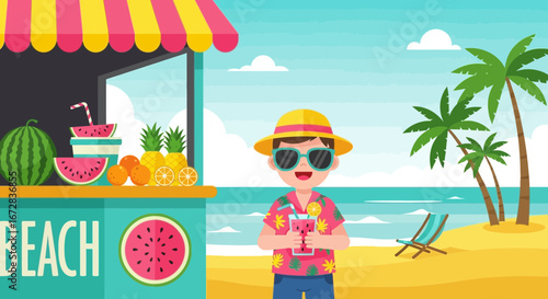 Happy Person Enjoying Refreshing Watermelon Drink On Sunny Beach Near Fruit Stand