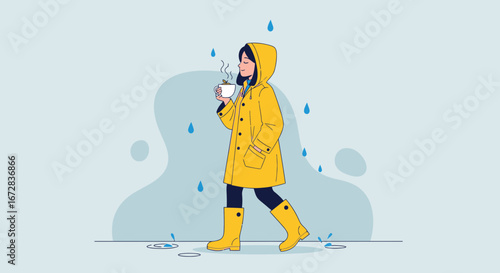 Happy Person Enjoying Warm Drink While Walking In The Rain With Yellow Raincoat