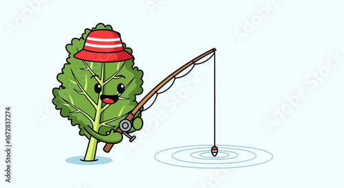 Happy Plant Character Enthusiastically Fishing in Peaceful Waters Cartoon Illustration