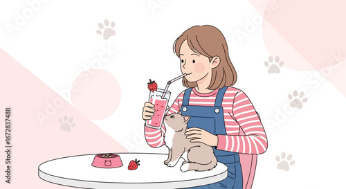 Girl Enjoying Strawberry Drink With Cat, Adorable Illustration Of Cute Cat Moments