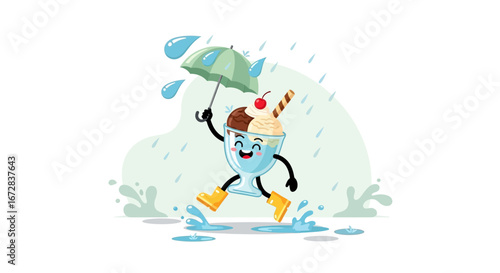 Happy Sundae Figure Bravely Jumps in Puddles While Sheltering Under a Green Umbrella