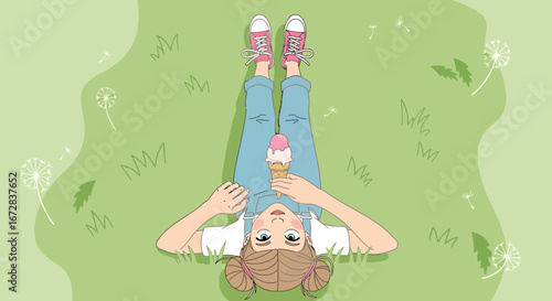 Girl Lying On The Grass While Eating An Ice Cream Cone In A Pleasant Afternoon